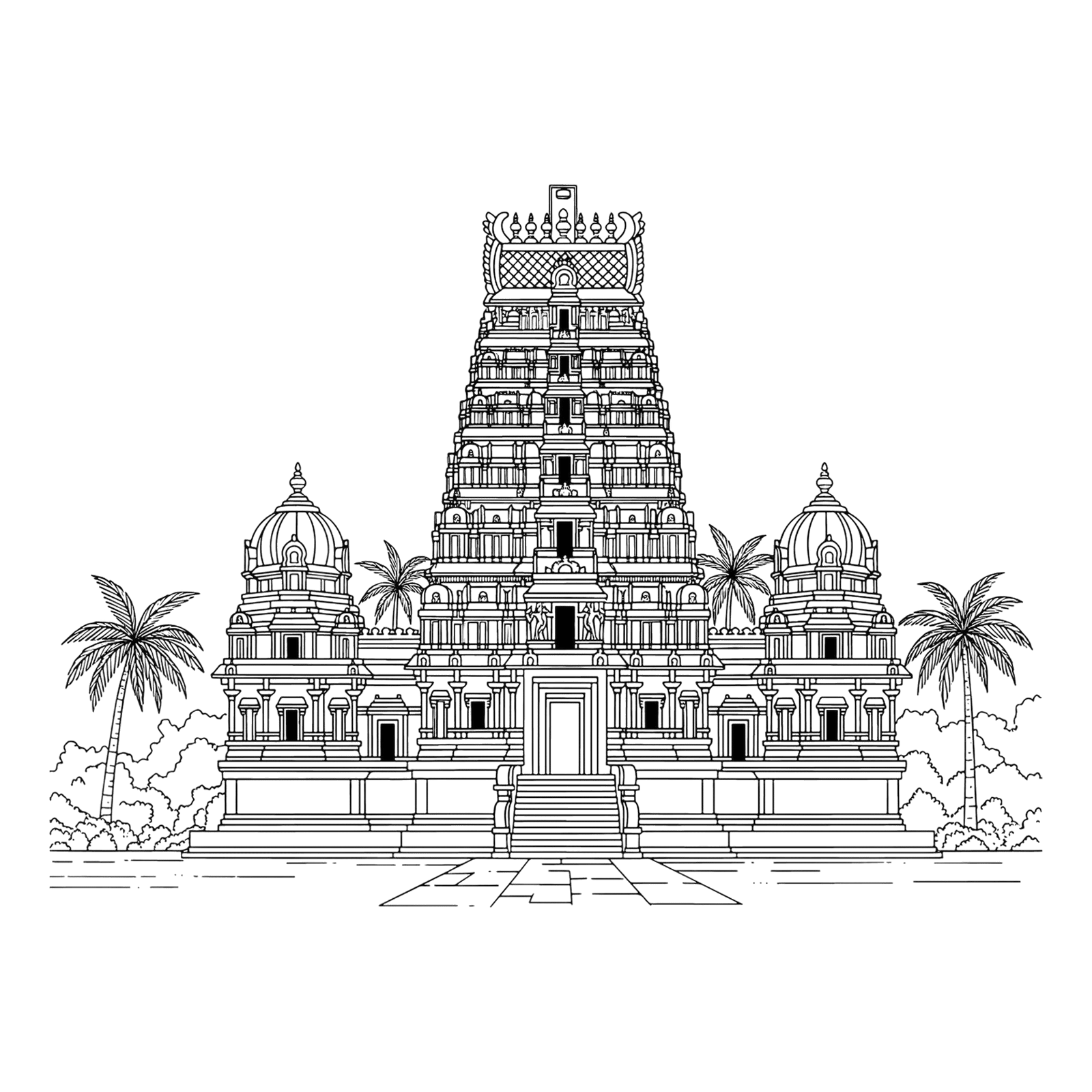 intricate south indian temple with towering gopuram structure clean lineart vector illustration (1)